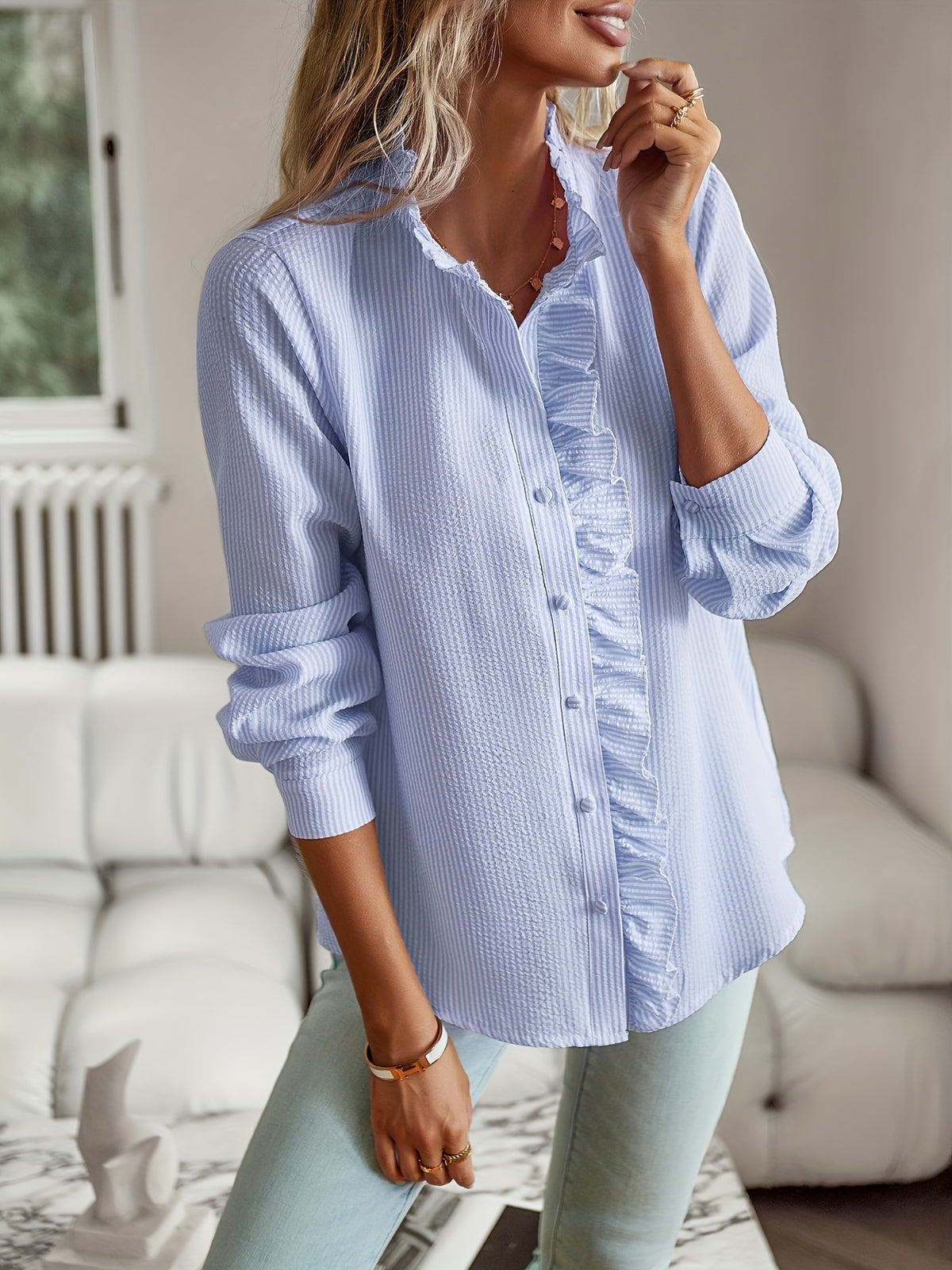 Women's Ruffle Button Lace Long Sleeve Blouse Shirt Collar Solid Color Machine Washable All Season Casual Formal Top
