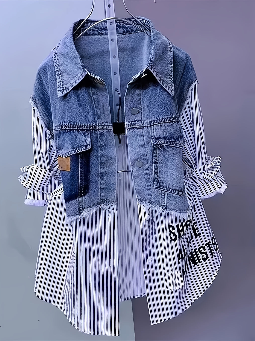 Letter Print Splicing Denim Shirt Jacket Women Lapel Button Korean Casual Jean Coat Windbreaker Spring Autumn Polyester Woven Top