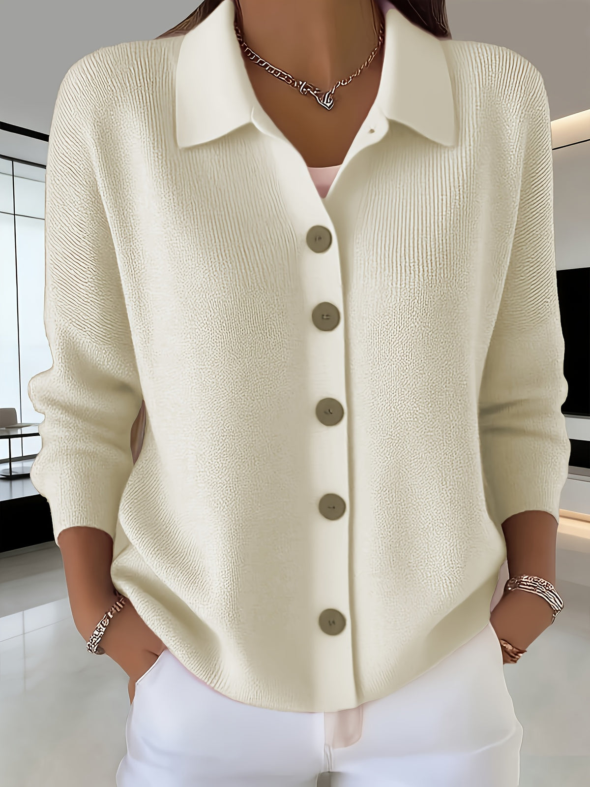 Button Lapel Knit Cardigan for Women – Solid Color Casual Knitwear Sweater, Elegant Layering Cardigan for Autumn & Winter Everyday Wear