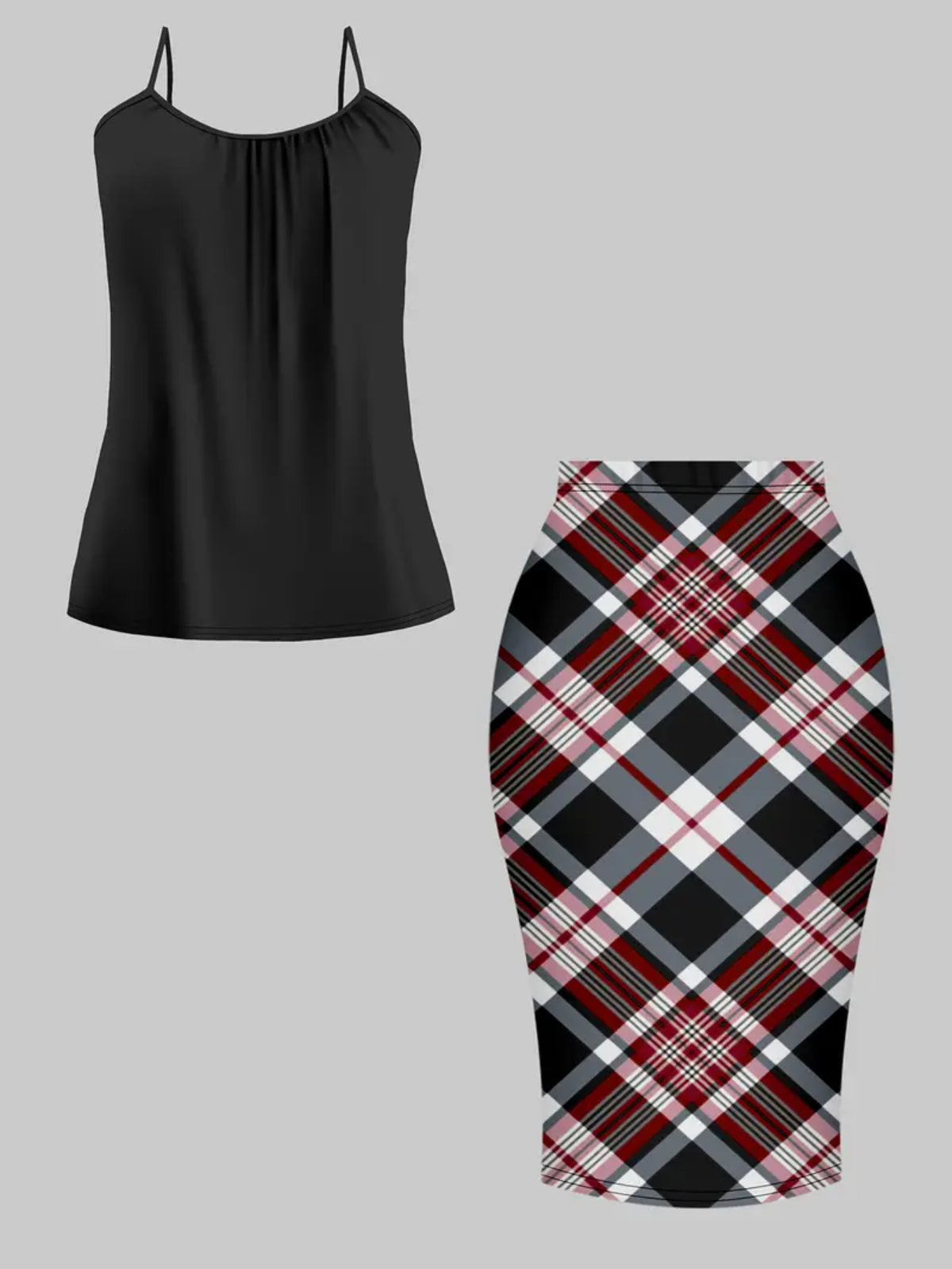Retro Plaid 3-Piece Set for Women – Asymmetrical Hem Blazer, Black Camisole & Hip-Hugging Skirt, Wine Red Office Outfit for Autumn Winter