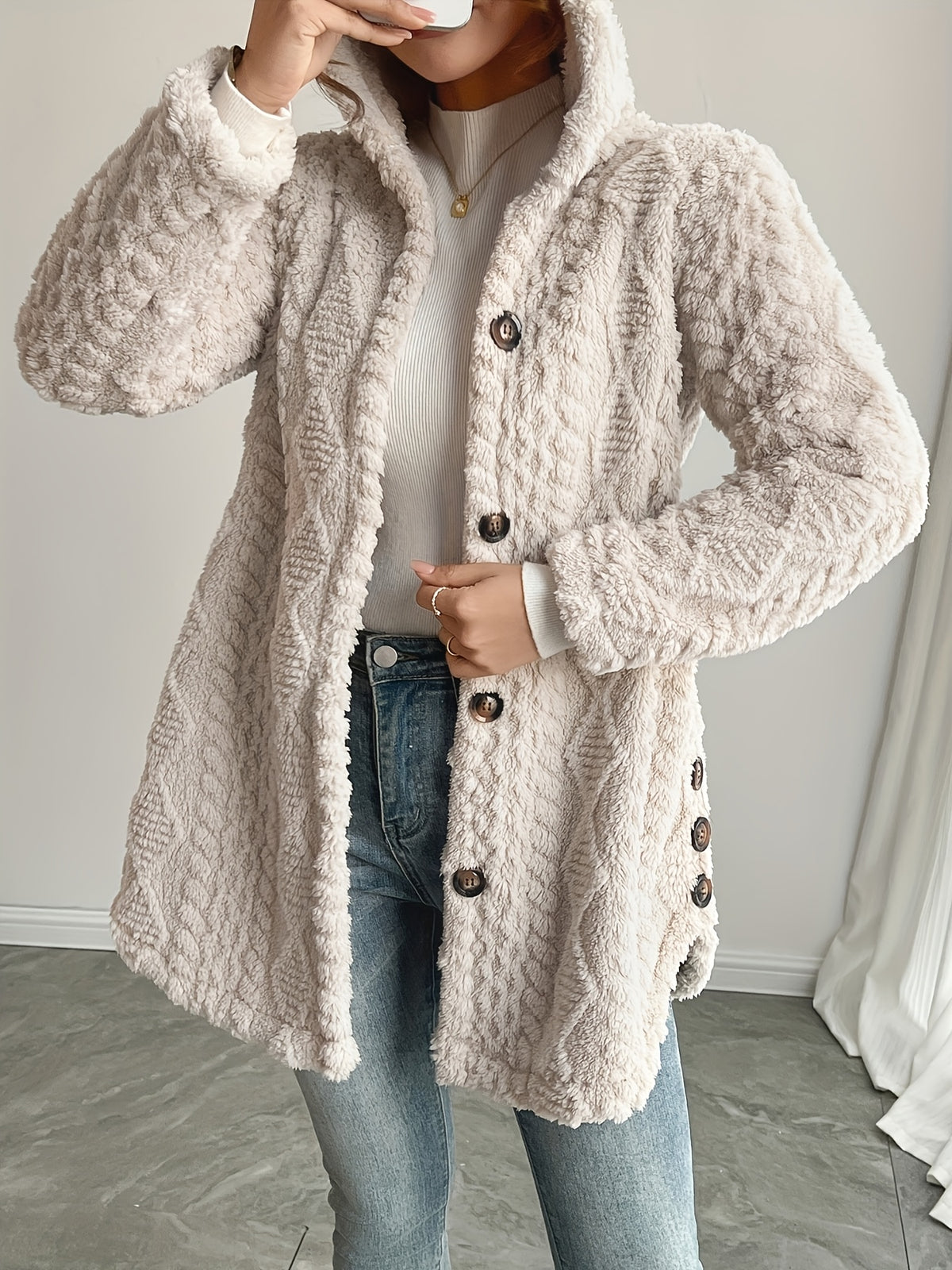 Hooded Fuzzy Coat Women Mid-Length Jacket with Buttons Soft Warm Fleece Fall Winter Outerwear 5 Colors S-XXL