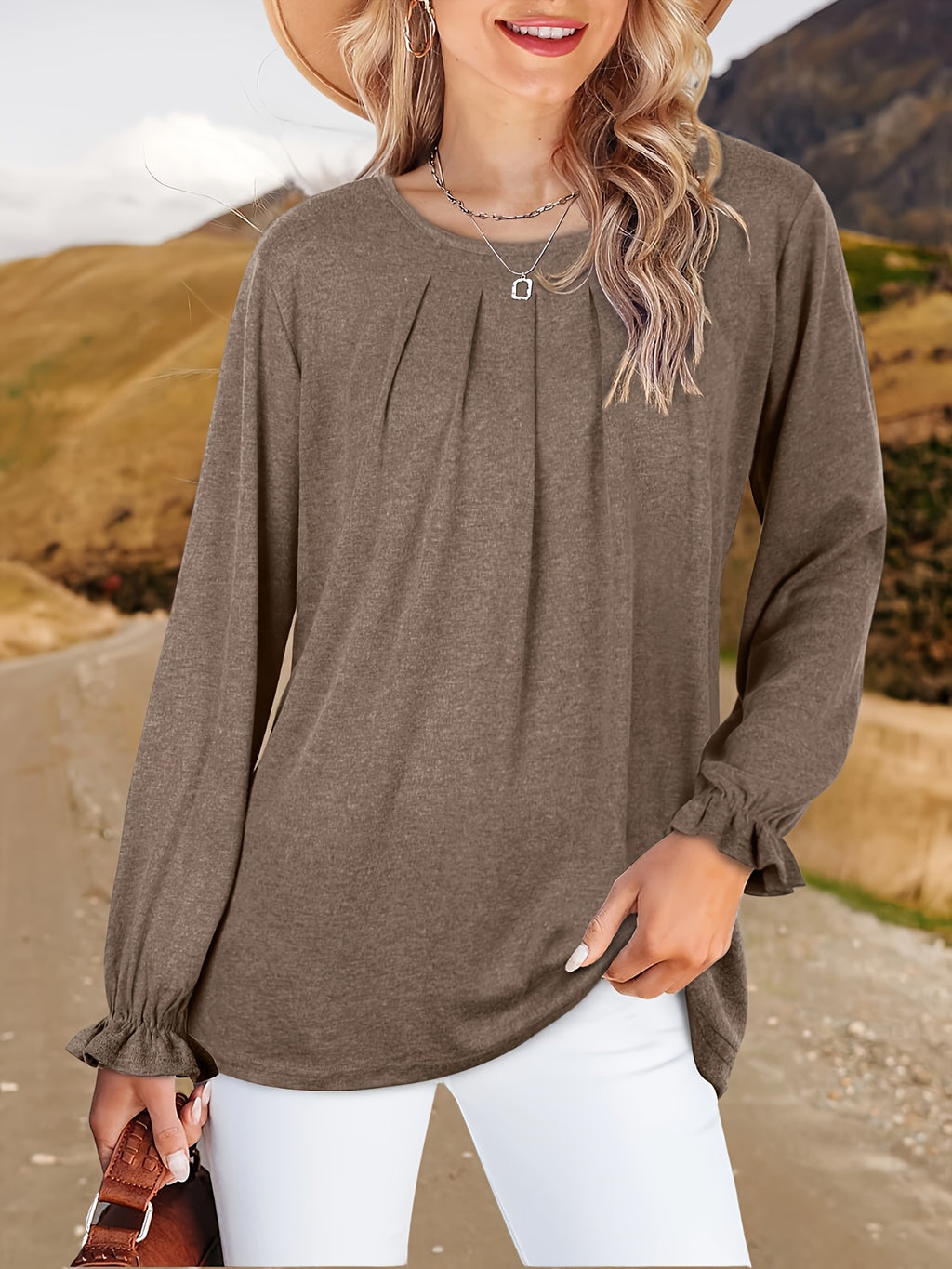 Pleated Ruffle Blouse Women's Long Sleeve Loose Fitting Tunic Top Crew Neck Solid Color Shirt S-XXL | Mira Roam