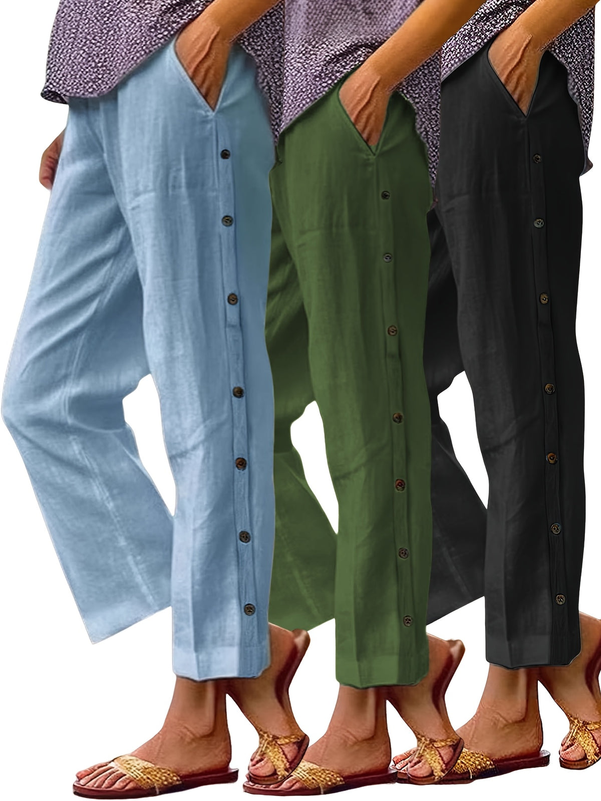 High Waist Straight Leg Cropped Pants Women Loose Casual 3pcs Set Multi-Color S-XXL