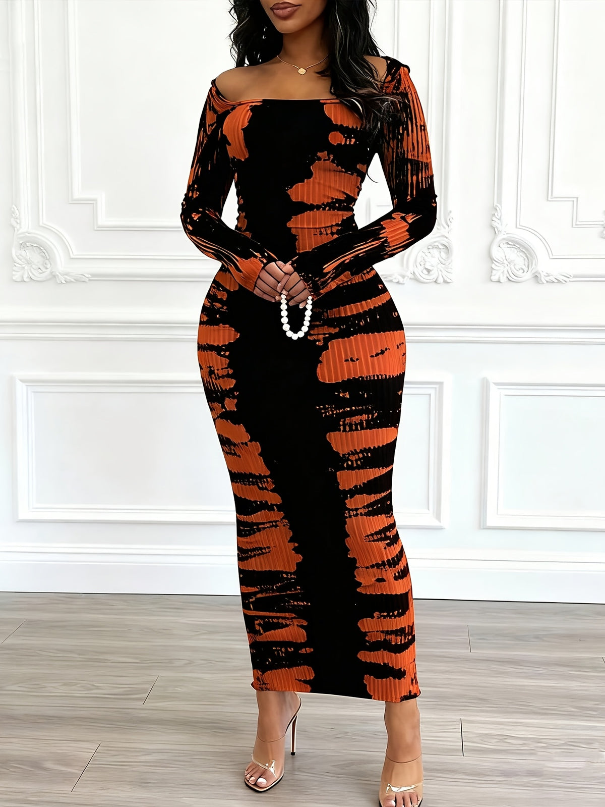Tie-Dye Bodycon Maxi Dress Women Long Sleeve Ankle Length Contrasting Print Figure-Hugging Sexy Elegant Long Dress