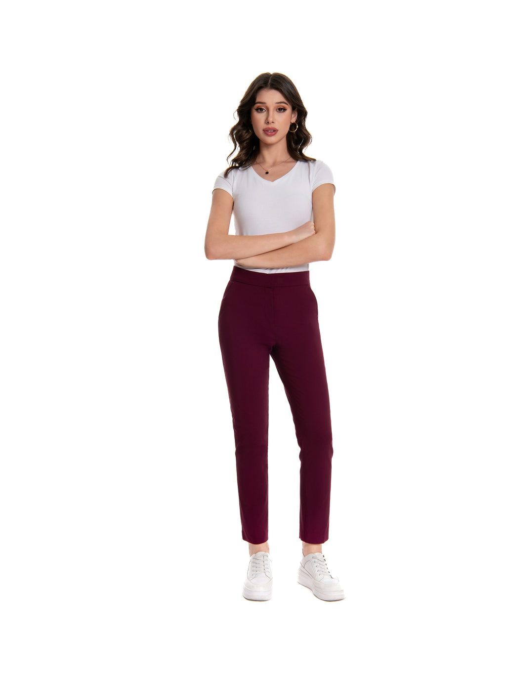 Red Slim Fit Stretch Trousers for Women – Vibrant Mid Waist Ankle Length Pants with Pockets, Elegant Office Workwear Evening Out Formal Bottoms, Machine Washable All-Season Versatile S-XXL