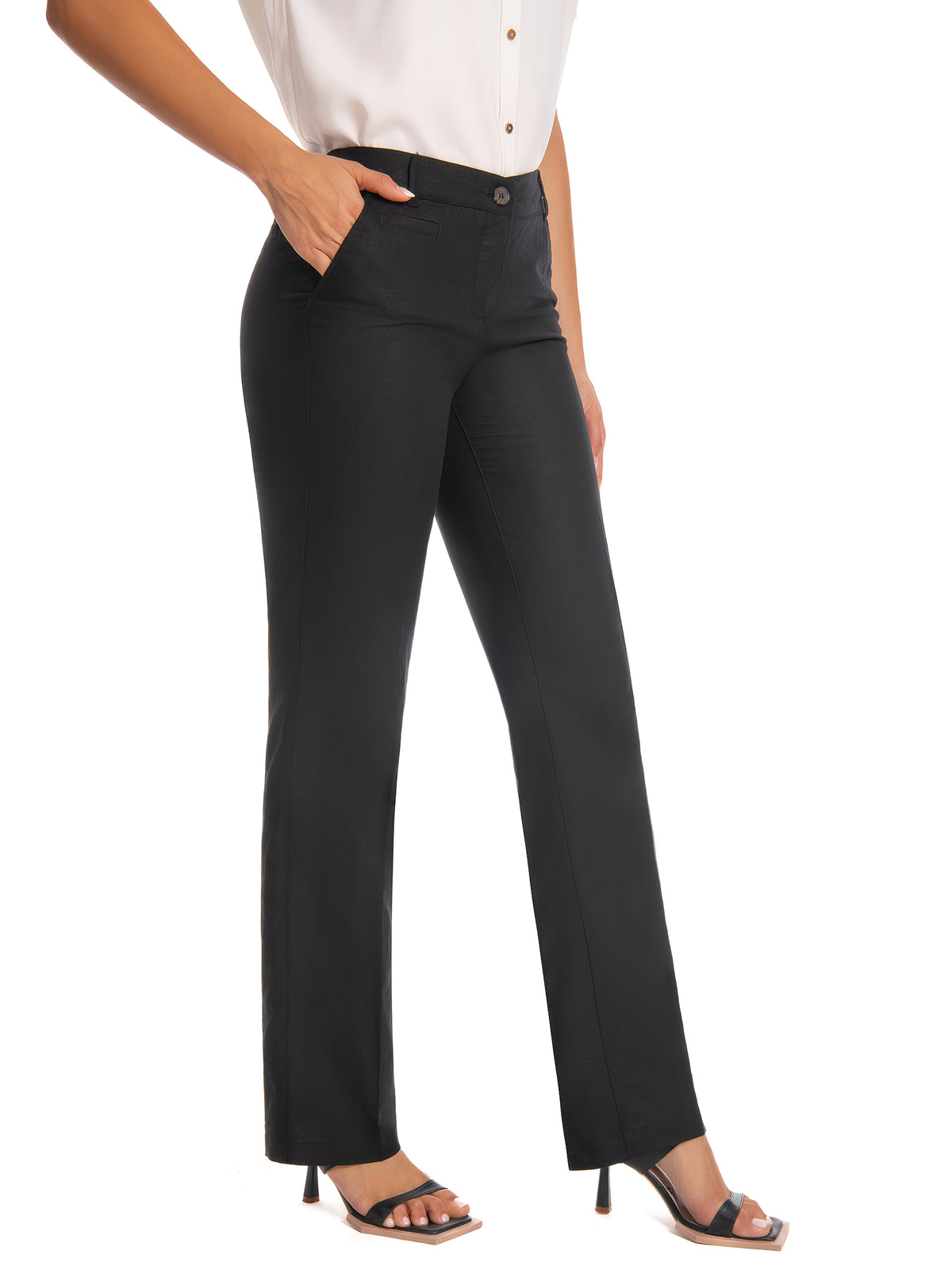 Black High Waist Straight Leg Pants for Women – Stretch Work Trousers with Pockets, Zipper Fly, Cropped Office Casual Travel Daily Wear, Polished Slim Silhouette All Season