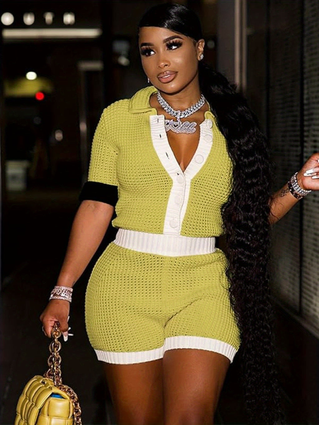 Women's Y2K Crochet 2pcs Set Color-Block Cut-Out Button Shirt & Shorts Summer Beach Club Vacation Outfit Knit Matching Set