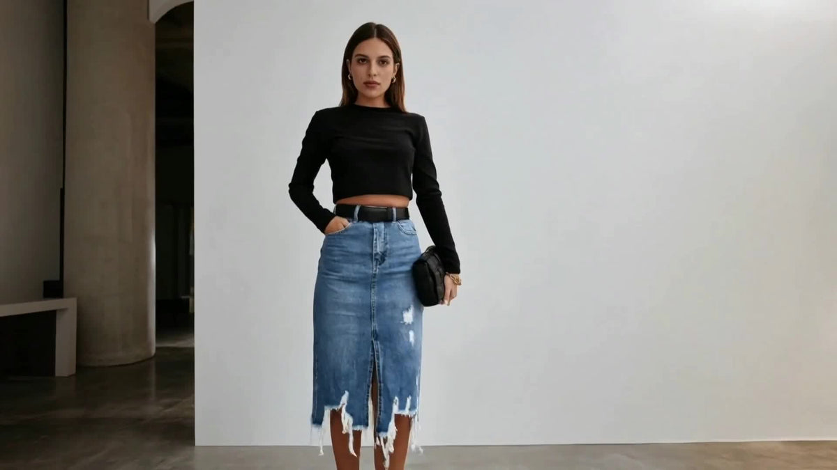 Women High Waist Distressed Denim Midi Skirt Stretch Washed Fringe Hem Ripped Asymmetrical Medium Blue S-XXL