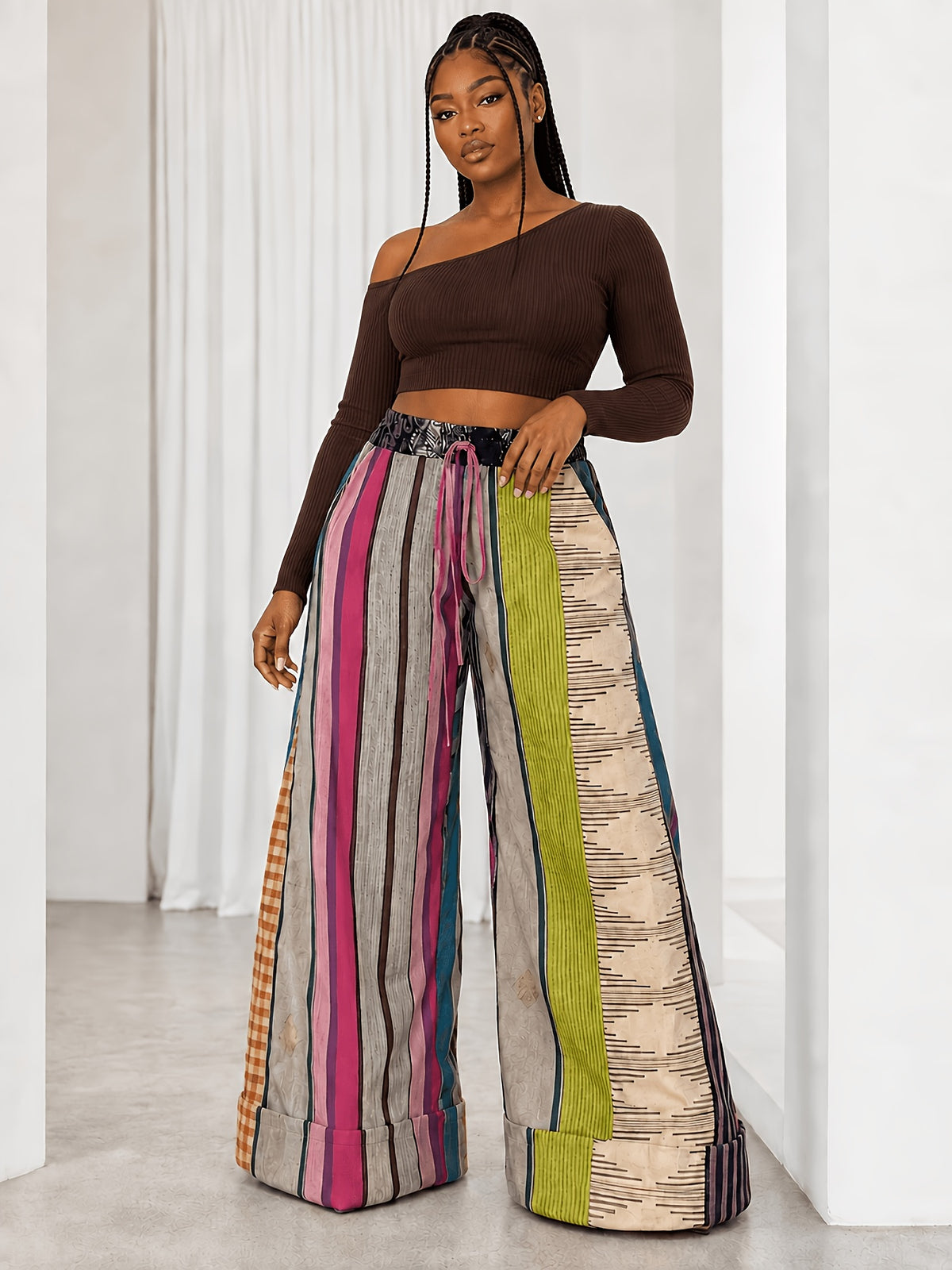 Colorful Stripe Wide Leg Pants Women Gothic Halloween Casual Multicolor Trousers Fall Winter S-XXL