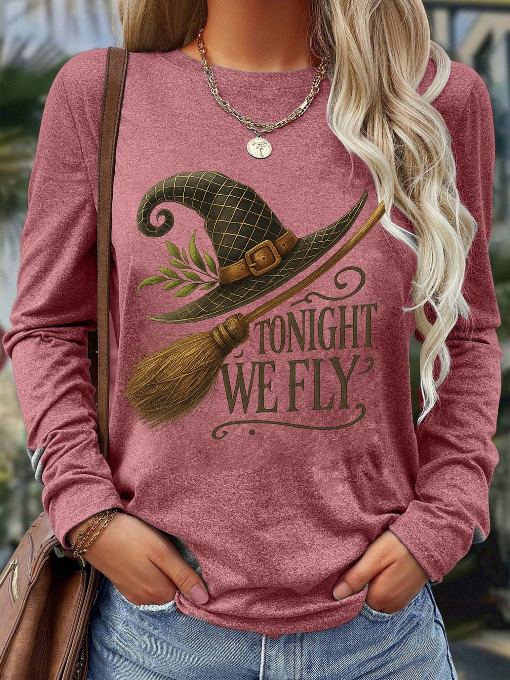 Halloween Witch Hat Print Long Sleeve T-Shirt for Women - Crew Neck Breathable Casual Graphic Tee Everyday Office Wear Fall Festive Top