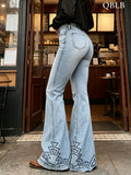 High Waist Flare Jeans Women Light Blue Geometric Hem - Western Style Bell Bottom Denim Pants, Boho Casual Streetwear, Vintage Wash Comfortable Stretch Fabric All Season