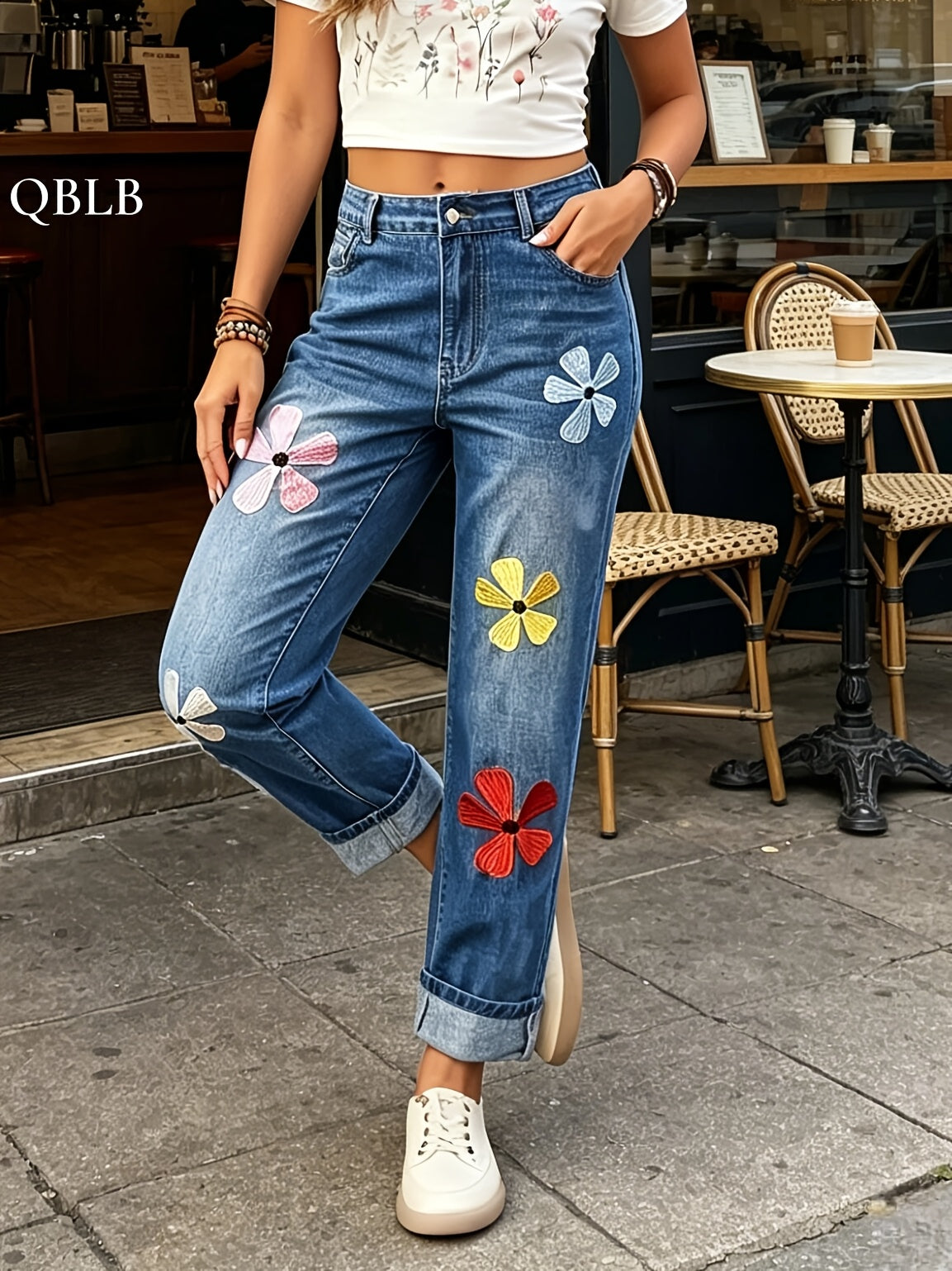 Women Mid Waist Slim Fit Straight Jeans Rolled Ankle Washed Denim Work Casual Weekend Light Blue Machine Washable S-XXL
