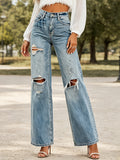 Ripped High-Waisted Straight-Leg Jeans for Women Streetwear Casual Stretch Denim Pants with Pockets Blue Comfortable Year-Round S-XXL