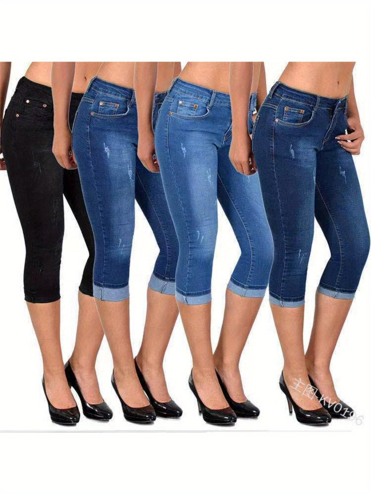 Stretch Skinny Capri Jeans Women Elastic Waist Cropped Denim Pants Street Style Summer Black Light Blue Dark Blue S M L XL XXL