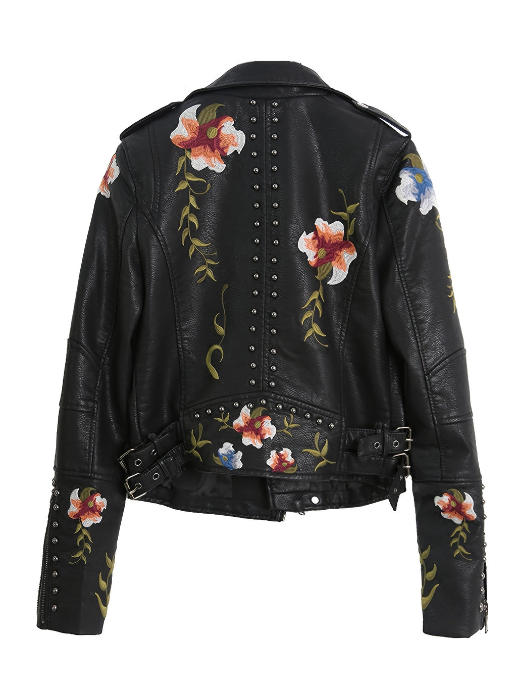 Floral Faux Leather Moto Jacket for Women PU Biker Coat Streetwear Casual Going Out
