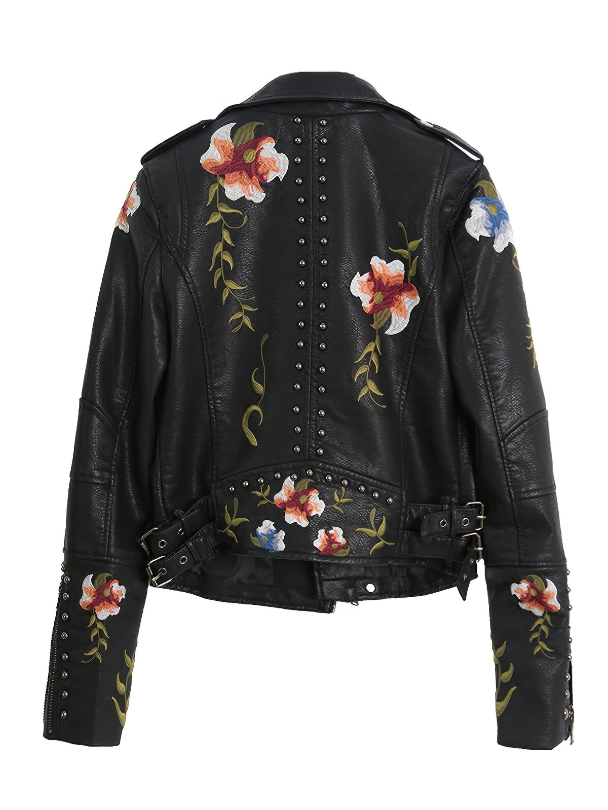 Floral Faux Leather Moto Jacket for Women PU Biker Coat Streetwear Casual Going Out
