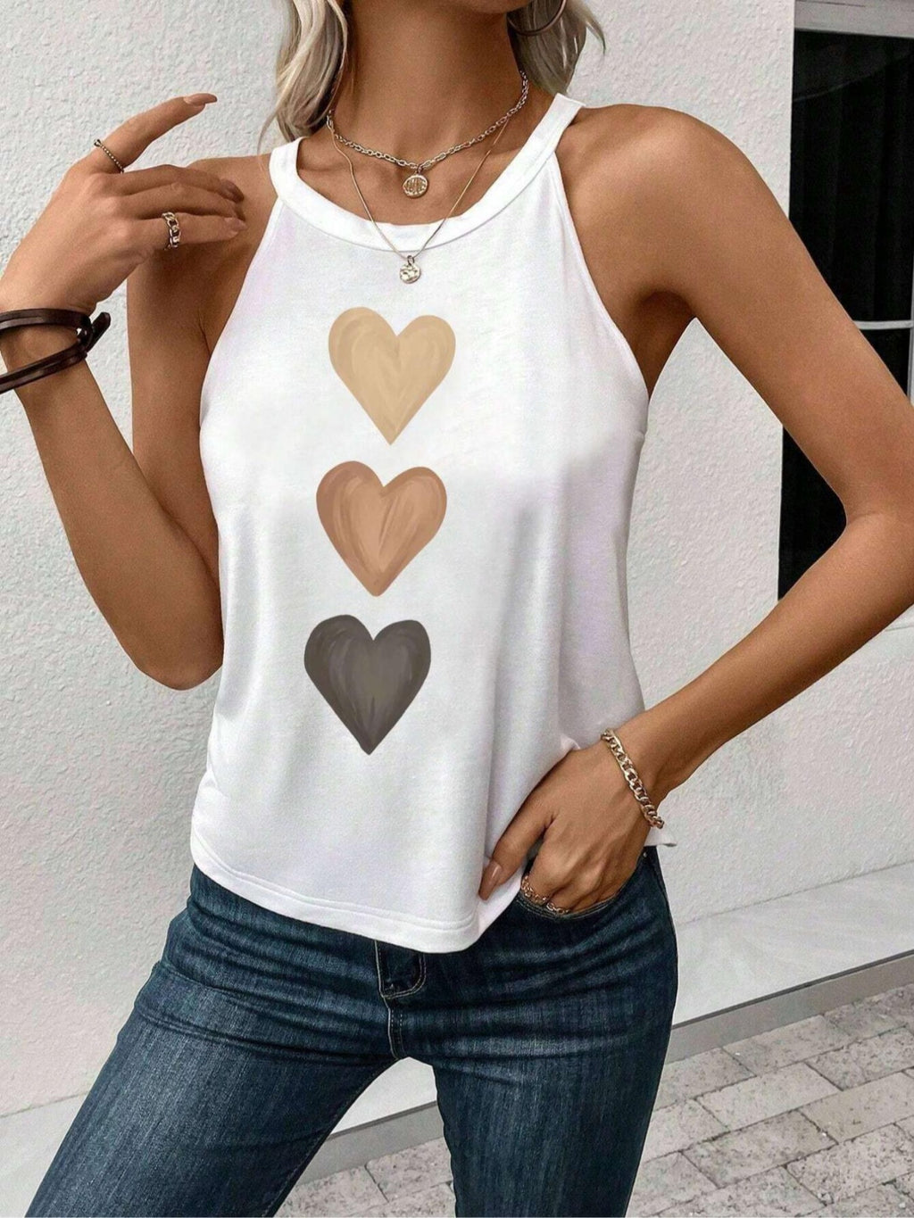 Heart Print Tank Top for Women | Cute Sleeveless Vest Shirt | Round Neck Casual Summer Top | Lightweight Polyester Graphic Tee Women White