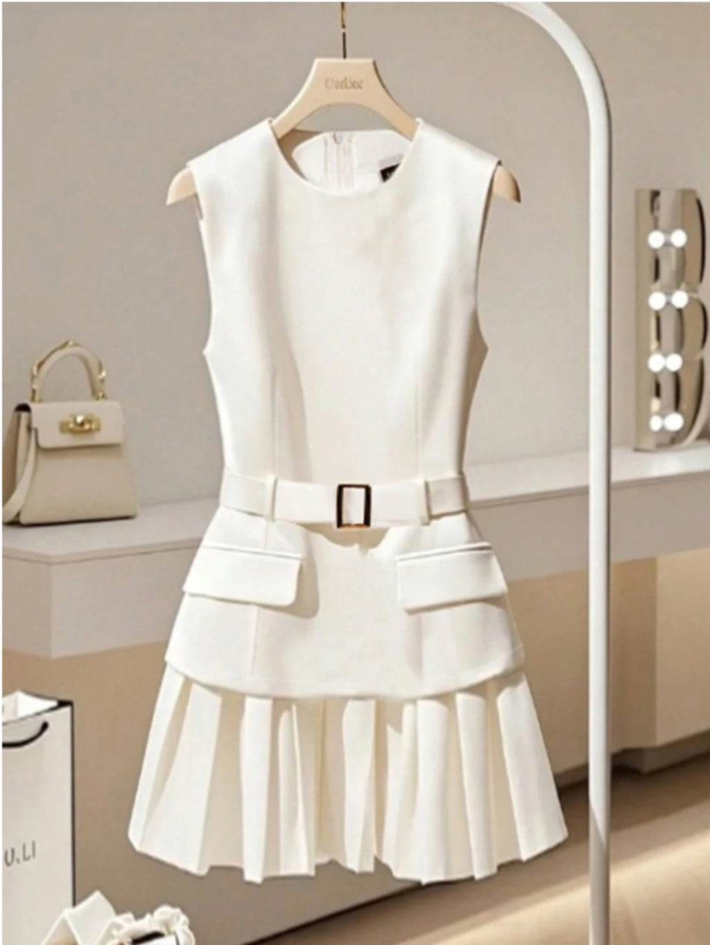 Pleated Fitted Short Dress Women Sleeveless Waist Cinching Double Layer Round Neck Elegant Business Casual Dressy Daily Wear 100% Polyester Smooth