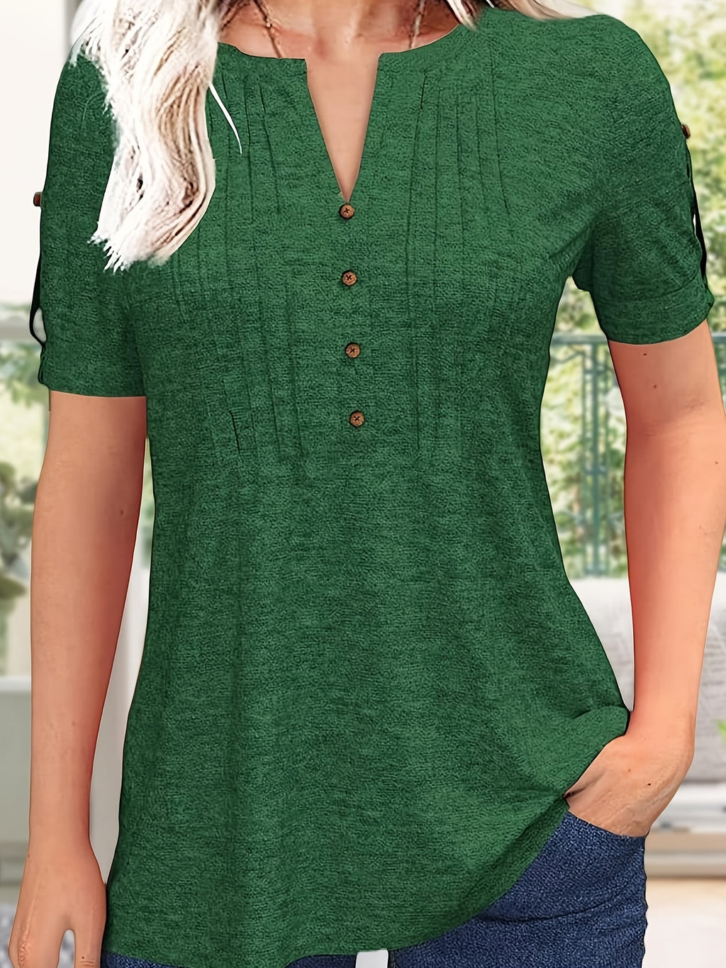 Button Front V-Neck Top Women Pleated Detail Short Sleeve Solid Color Casual Summer Blouse Lightweight Breathable Machine Washable