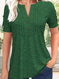 Button Front V-Neck Top Women Pleated Detail Short Sleeve Solid Color Casual Summer Blouse Lightweight Breathable Machine Washable