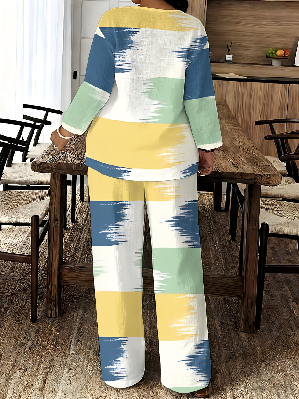 V-Neck Long Sleeve Printed Shirt Pants 2pcs Set Women Floral Digital Print Elastic Waist Casual Loungewear Spring Summer Two-Piece Outfit 15 Colors S-XXL