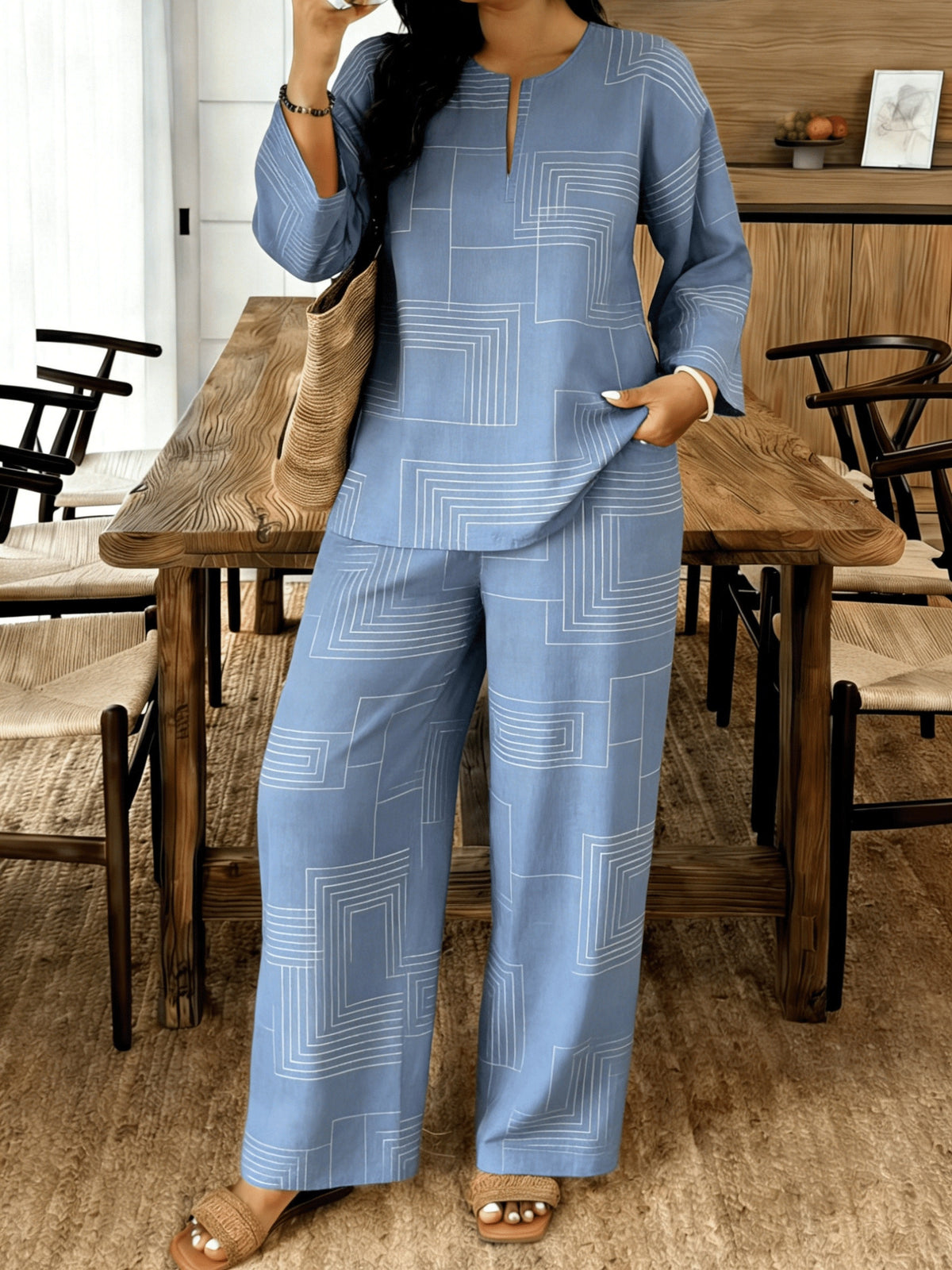 Women's 2-Piece Casual Suit Set V-Neck Loose Fit Top & Casual Pants Daily Wear Matching Outfit