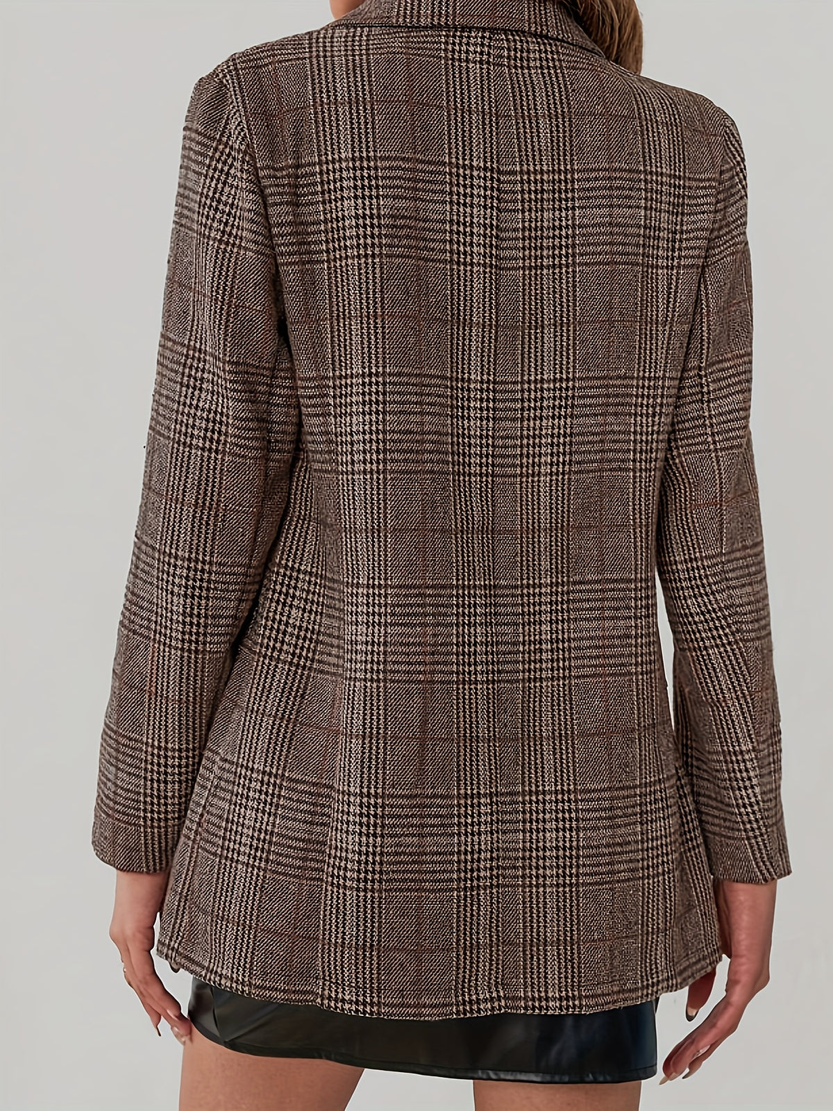 Women's Tweed Checkered Blazer Vintage Coffee Brown Waist-Cinching Single-Breasted Mid-Length British Style Autumn Winter Suit Jacket