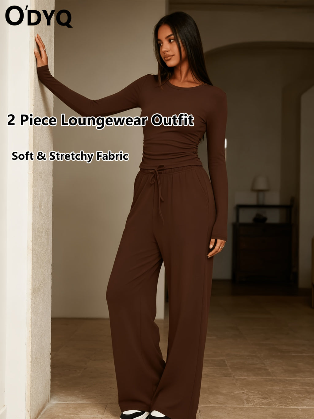 Women's 2 Piece Loungewear Set Casual Long Sleeve Top & High Waist Wide Leg Pants Sweatsuit Matching Outfit