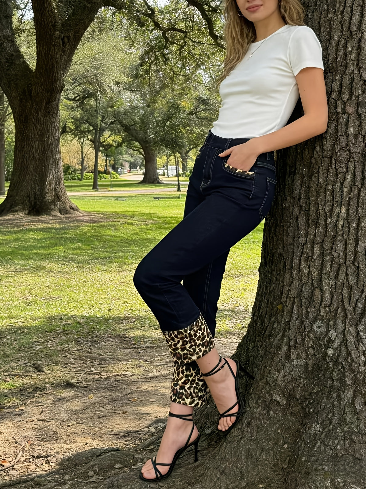 Y2K Leopard Print High Waist Butt Lifting Stretchy Jeans Women Dark Wash Casual Streetwear Denim Pants Deep Blue S-XXL