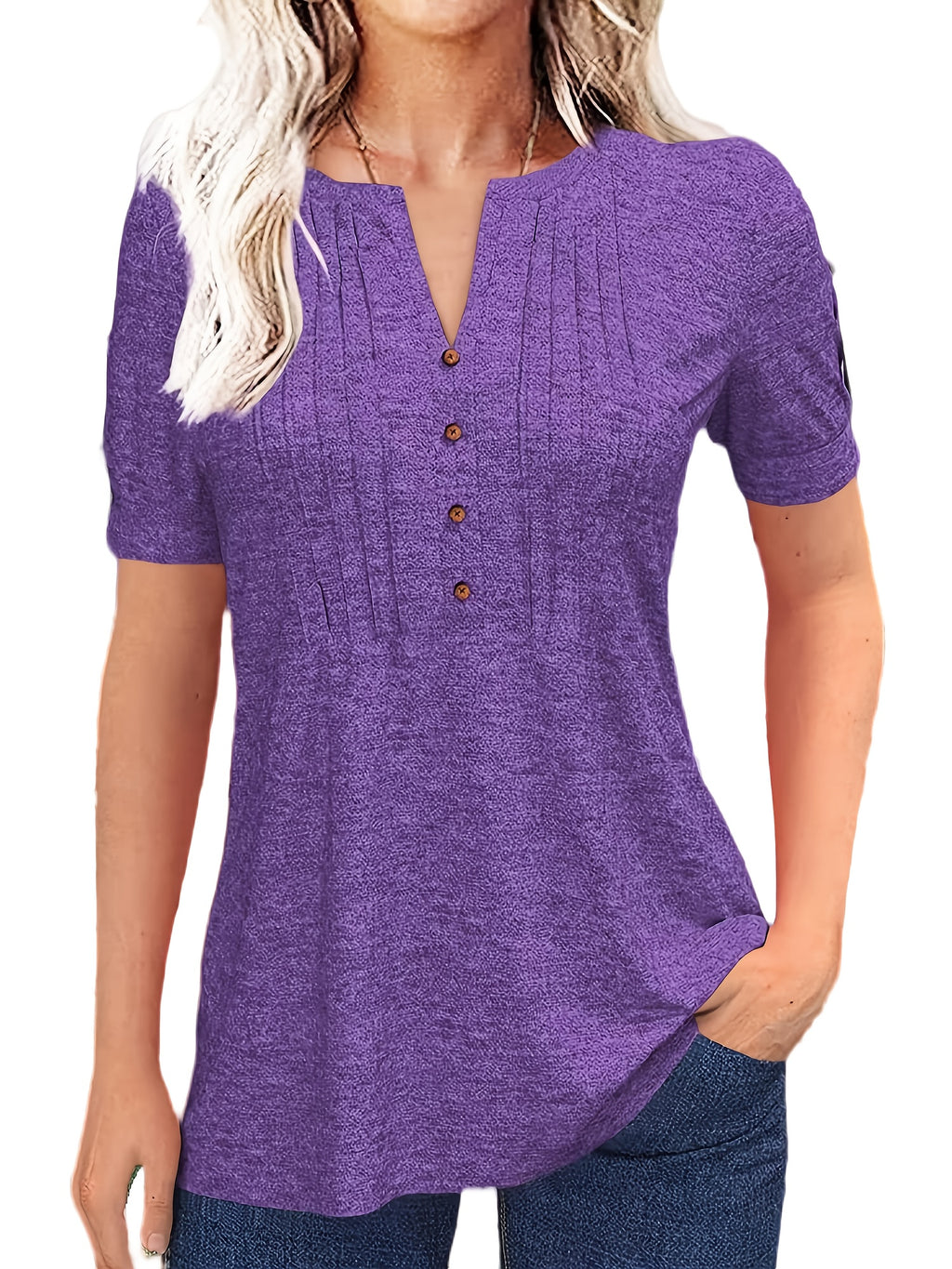 Pleated V-Neck T-Shirt Women Solid Color Short Sleeve Button-Up Casual Summer Top 60% Polyester Viscose Micro-Elastic Smooth Knit Tunic Versatile Daily Wear S-XXL