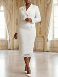 Women's White 2pcs Suit Set Double-Breasted Blazer and Lace Skirt Elegant Romantic Semi-Formal Social Outfit Fall Winter
