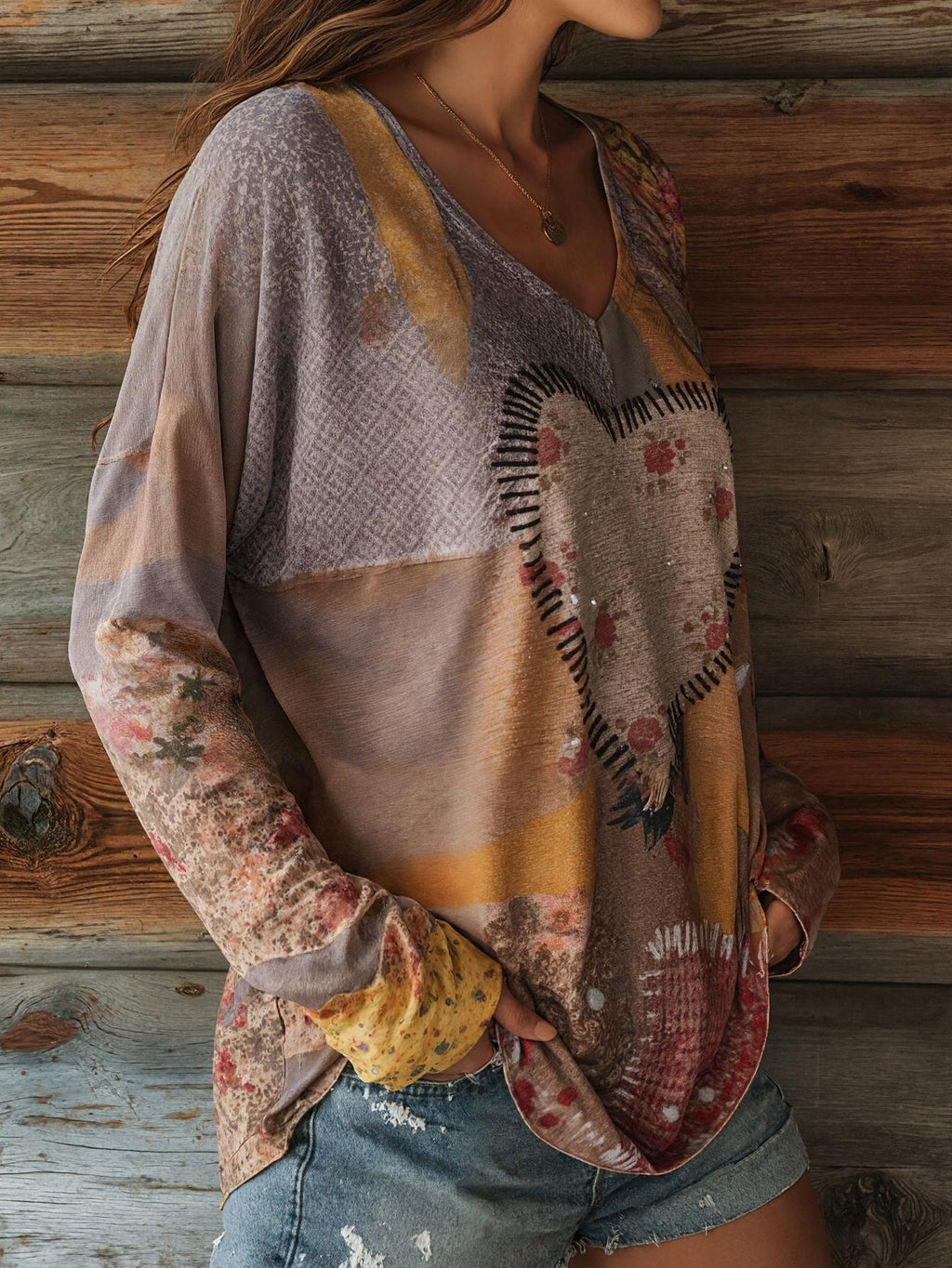 Heart Floral Patchwork Long Sleeve T-Shirt Women Vintage Retro V-Neck Loose Fit Casual Outdoor Fall Winter Top Soft Stretch Red S-XXL