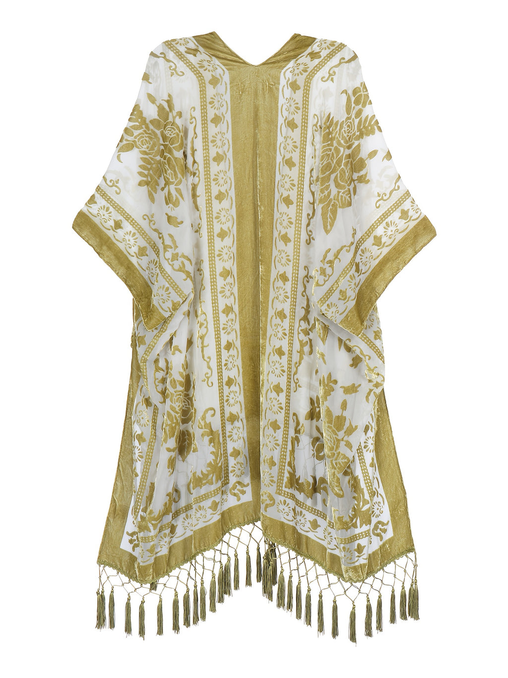 Boho Burnout Velvet Kimono Women Long Cardigan Cover Up Tassel Floral Embroidered One Size