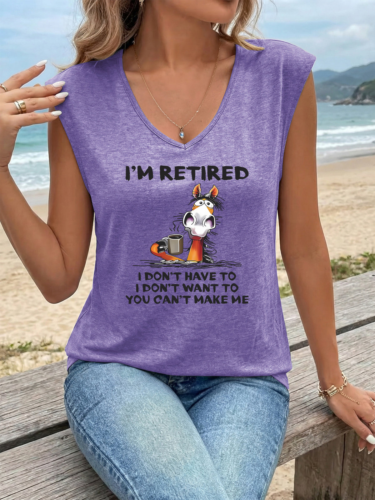 Women's V-Neck Sleeveless Tank Top Funny Retired Cartoon Graphic Tee Breathable Stretch Knit Summer Beach Casual T-Shirt