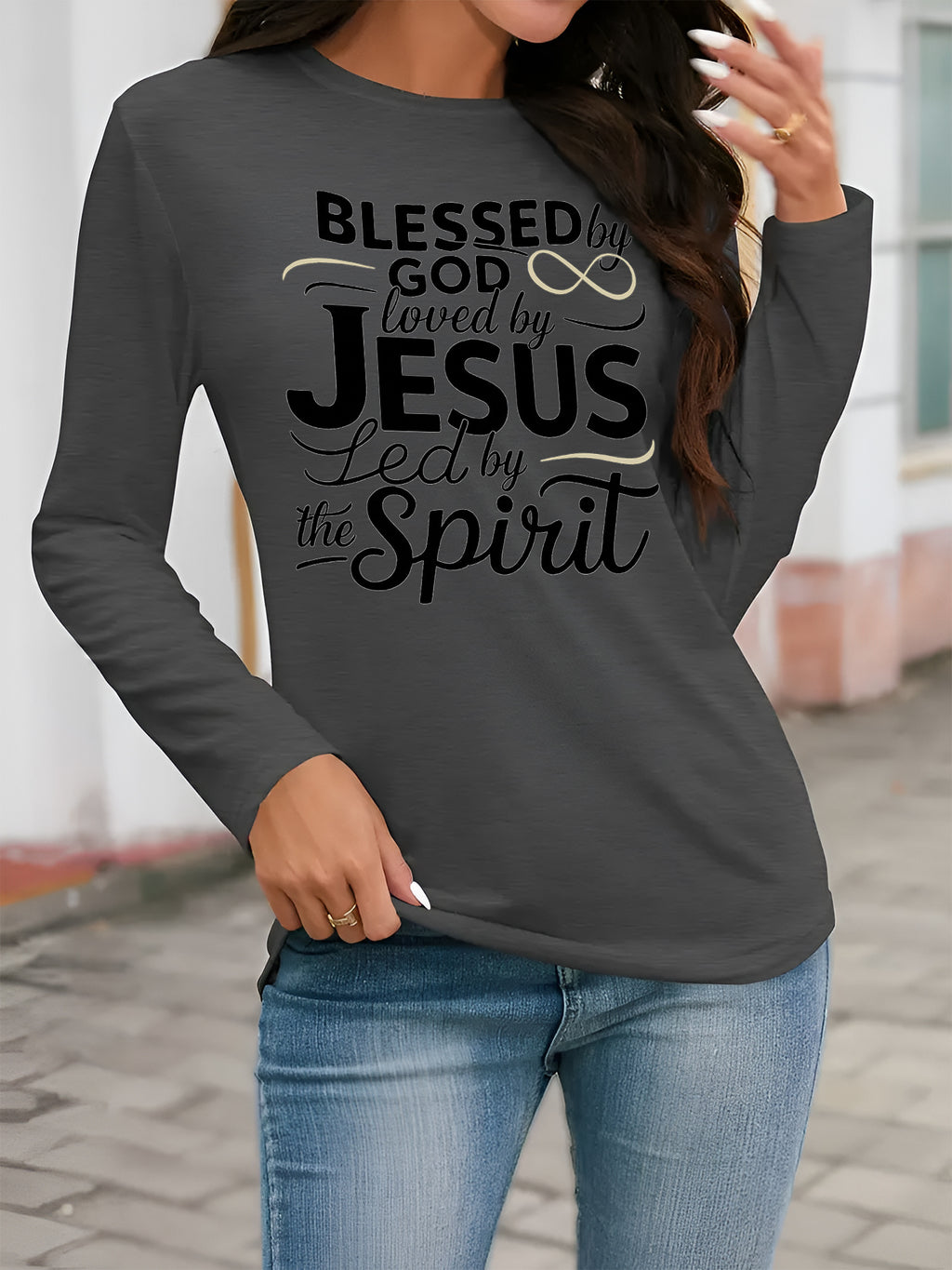 Faith Name Geometric Print Women Long Sleeve T-Shirt Asymmetric Crew Neck Casual Spiritual Tee Soft 100% Polyester Spring Fall