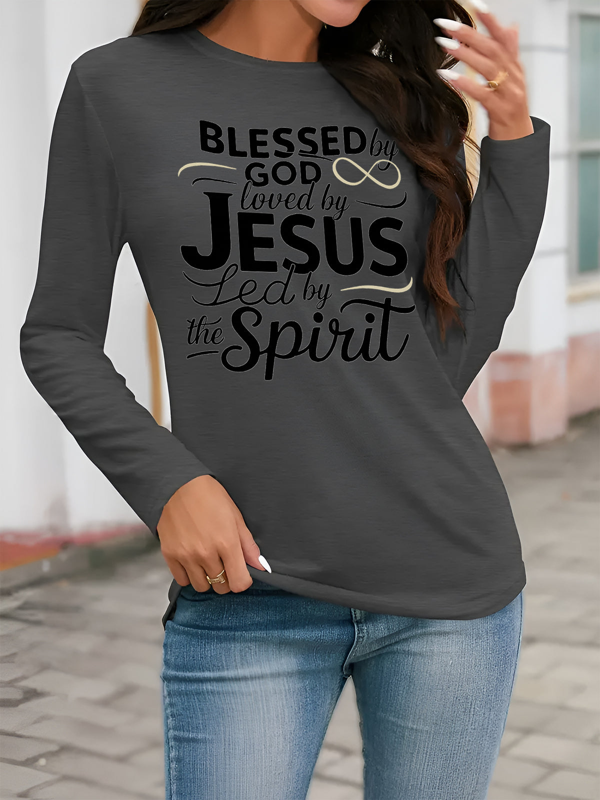 Faith Name Geometric Print Women Long Sleeve T-Shirt Asymmetric Crew Neck Casual Spiritual Tee Soft 100% Polyester Spring Fall