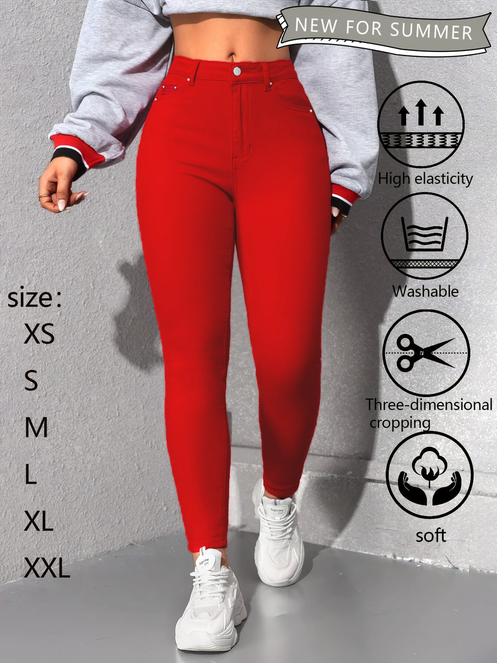 Red High Waisted Skinny Jeans for Women – Rivet Detail Stretch Denim, Tummy Control Booty Lifting Slim Fit, Sizes S-XXL