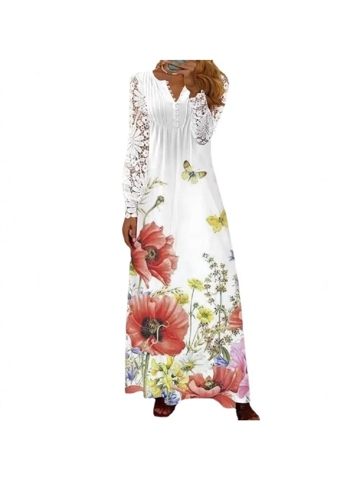 Women's Bohemian White Lace Long Dress V-Neck Long Sleeve High Waist A-Line Flowing Hem Romantic Date Beach Dress