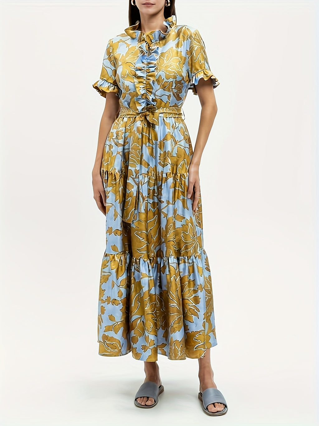 Floral Print Maxi Dress Women V-Neck Ruffle Chest Belted Waist Tiered Skirt with Pockets | Blue Yellow Short Sleeve Summer Dress
