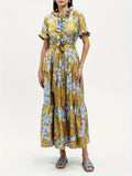 Floral Print Maxi Dress Women V-Neck Ruffle Chest Belted Waist Tiered Skirt with Pockets | Blue Yellow Short Sleeve Summer Dress