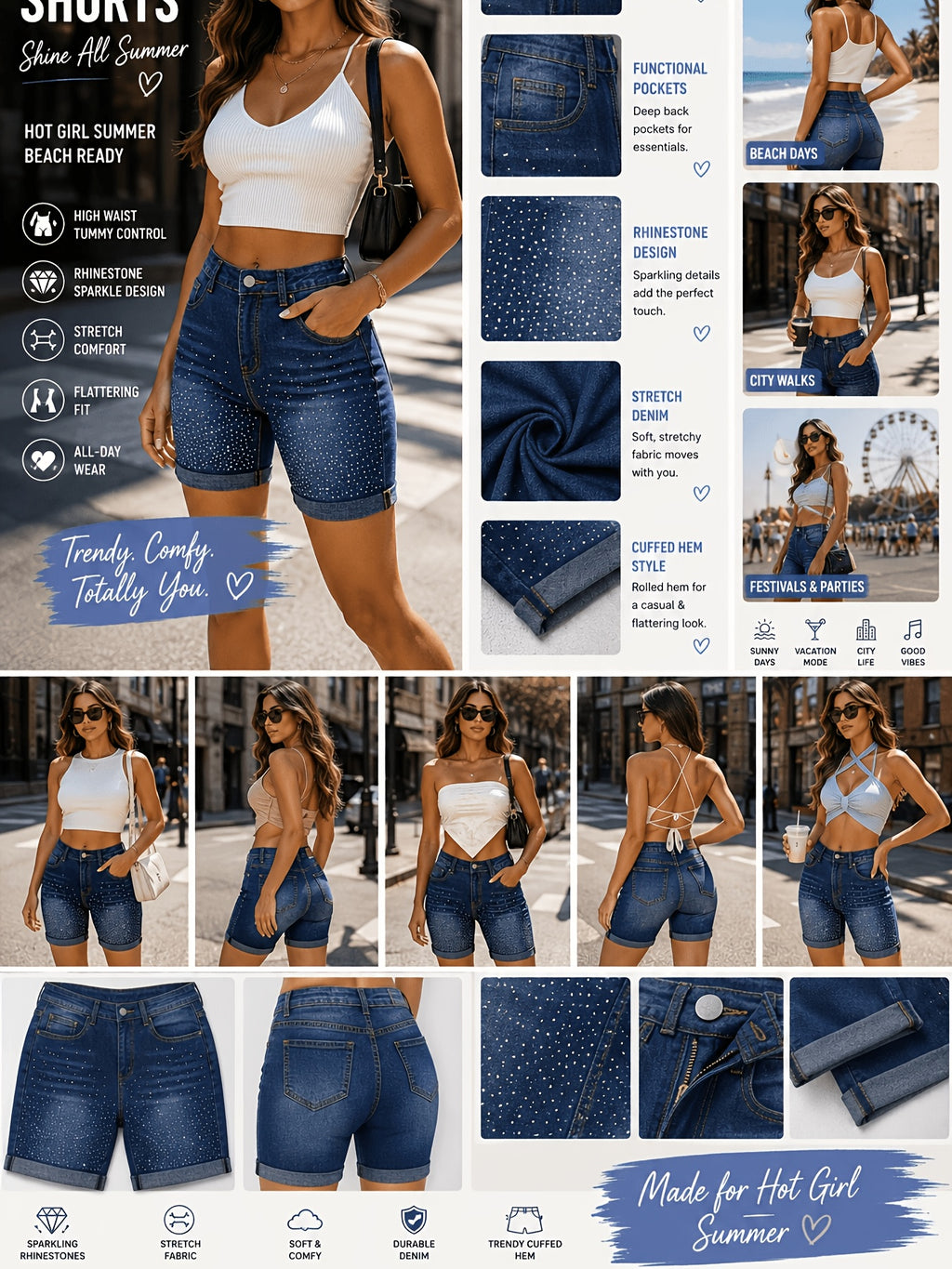 Rhinestone Starry Sky Denim Hot Pants Women Elastic Waist Body Hugging Deep Blue XS S M L XL XXL