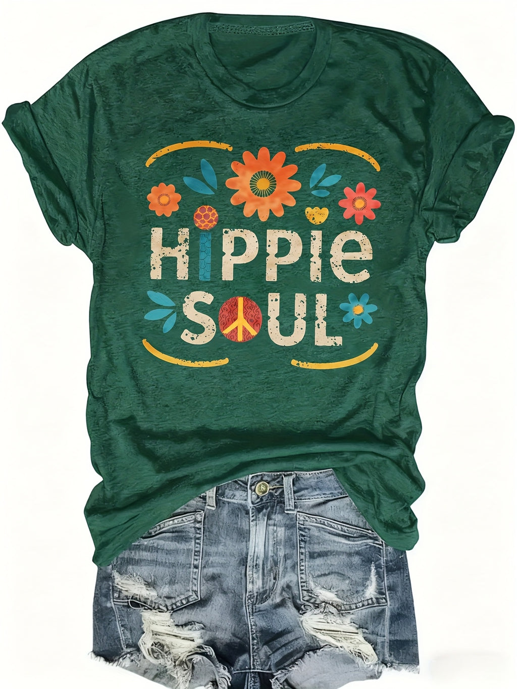 Hippie Soul Boho Graphic Tee Women Vintage Floral Print Festival Casual Comfortable Blend T-Shirt 5 Colors S-XXL