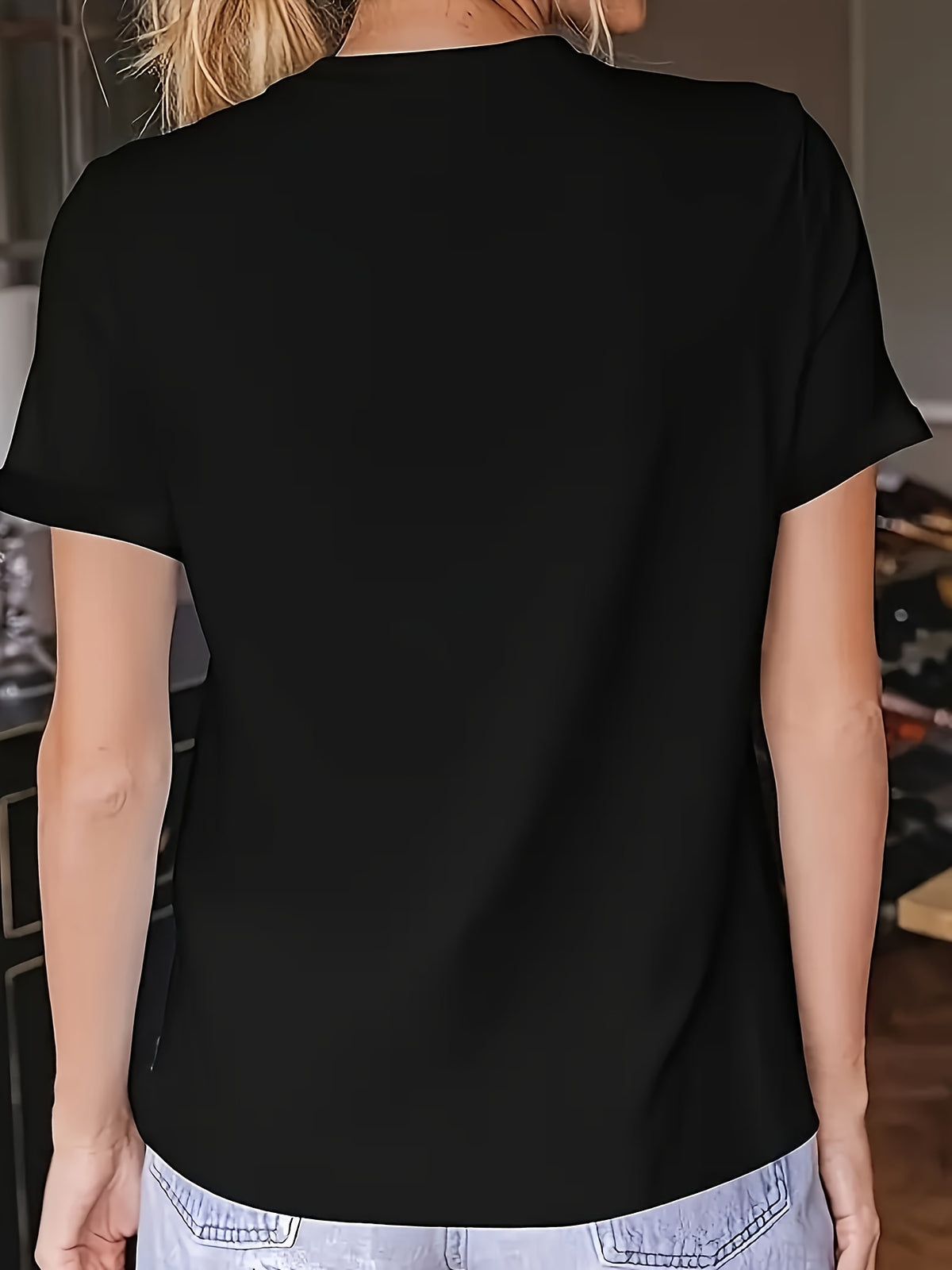 Letter Print Crew Neck T-Shirt Women Soft Stretch Casual Everyday Tee Chevron Jersey Knit All Season XS-XL