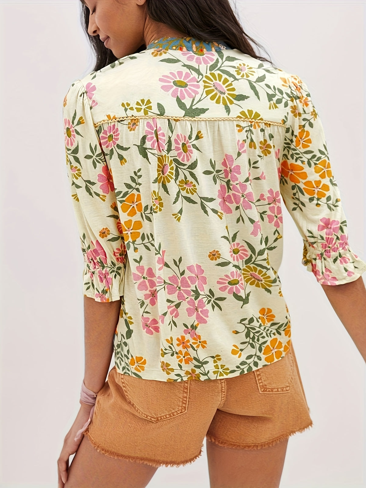 Crochet Boho Floral Blouse for Women | Multicolor V-Neck Puff Sleeve Top | Bohemian Floral Print Blouse | Chic Spring Summer Women's Shirt with Ruffle Detail