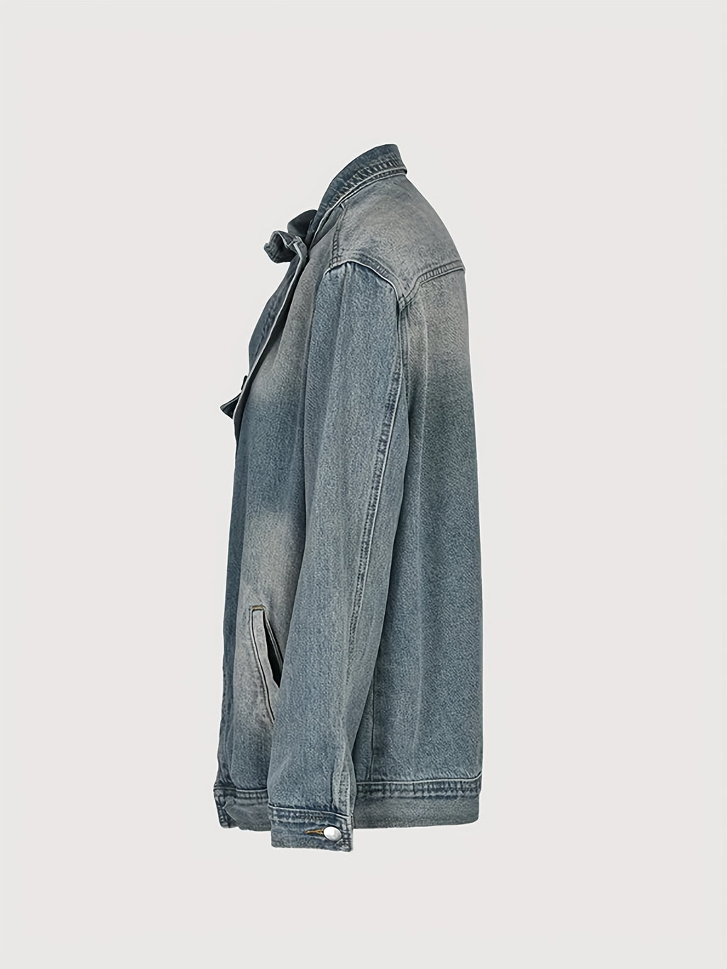 Vintage Washed High Neck Asymmetric Button Denim Jacket Women Loose Fit Drop Shoulder Streetwear Coat Light Blue Spring Fall S-XXL