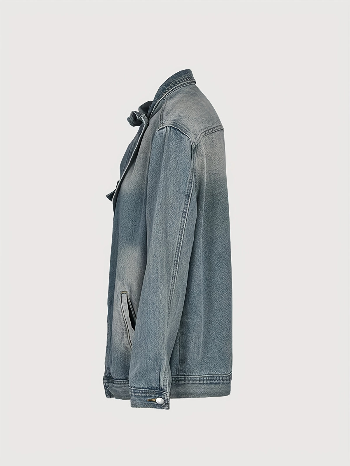 Vintage Washed High Neck Asymmetric Button Denim Jacket Women Loose Fit Drop Shoulder Streetwear Coat Light Blue Spring Fall S-XXL
