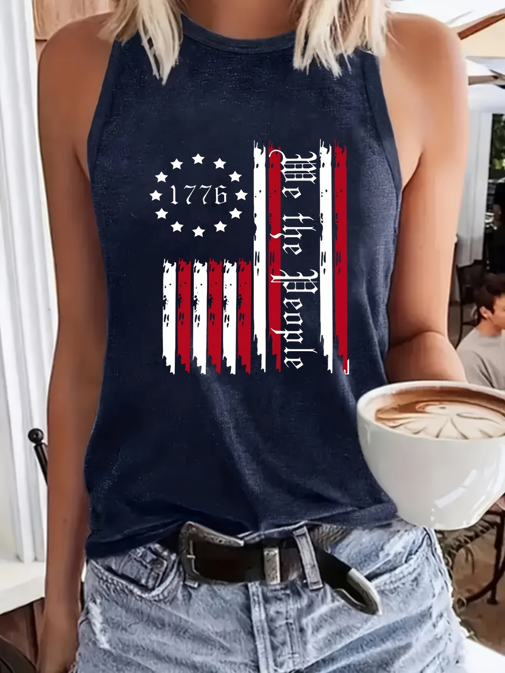 Women's American Flag Sleeveless Tank Top Stars Stripes Print Round Neck Breathable Casual Blouse Spring Summer BBQ Patriotic Outfit