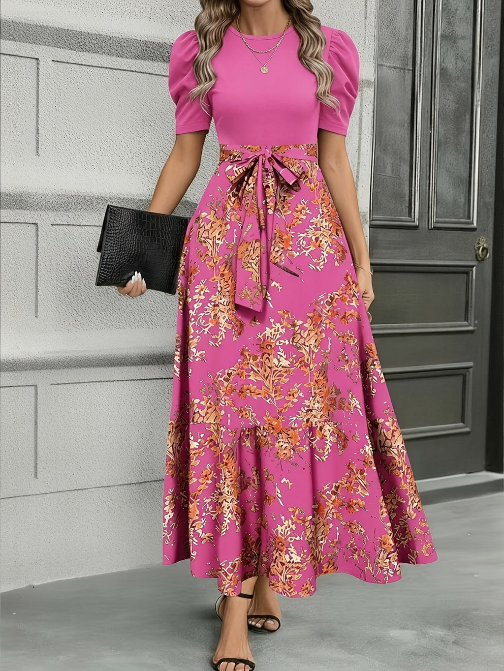 Floral Cinched Waist Long Maxi Dress Women Crew Neck Fitted Elegant Casual Dress for Business Afternoon Tea S-XXL