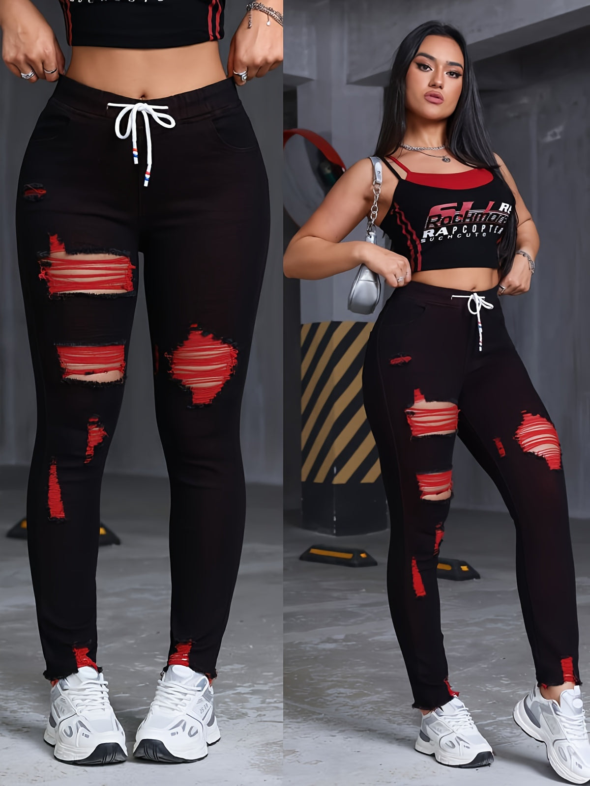 Black Red Distressed Skinny Jeans Women Drawstring Elastic Waist Stretch Ripped Denim S-XXL
