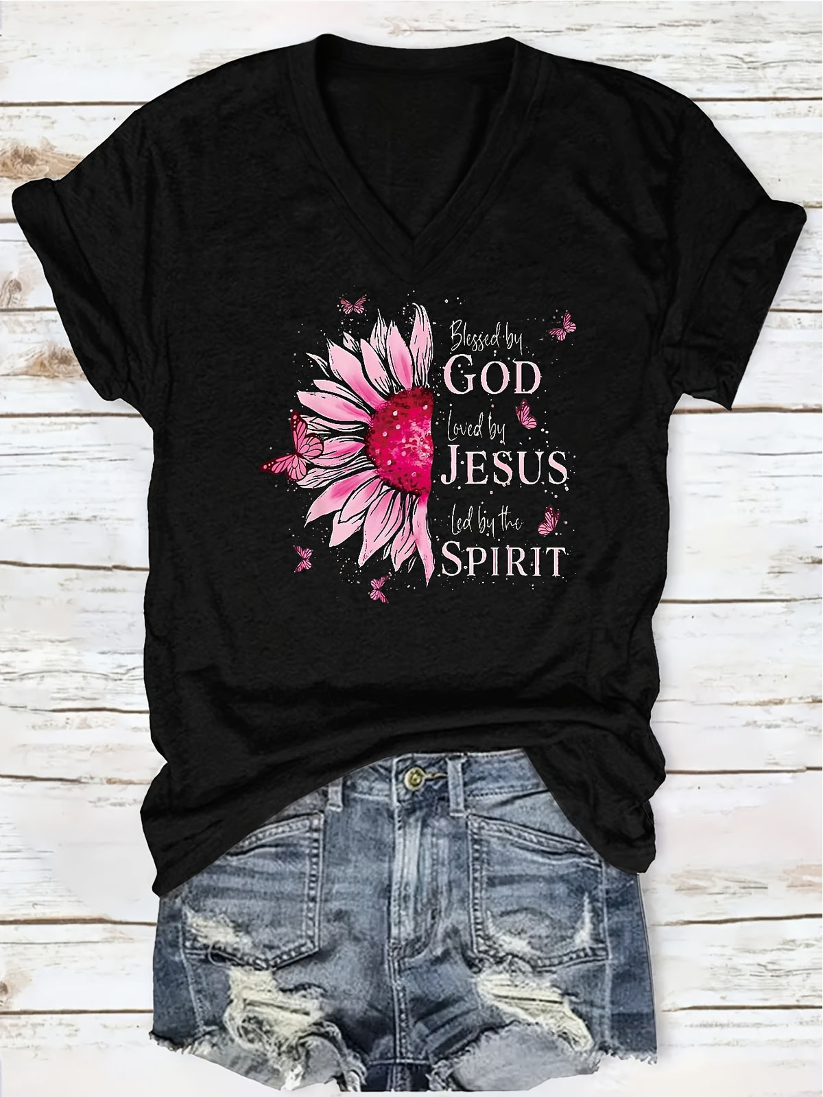Printed V-Neck T-Shirt Women Casual Short Sleeve Summer Top 5 Colors S-XXL